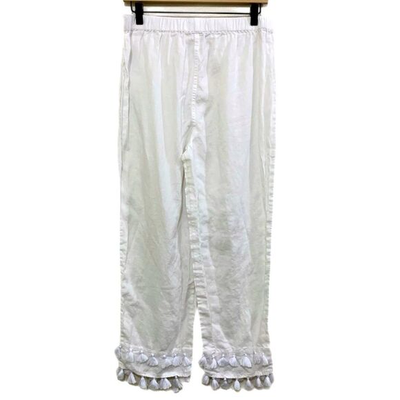 RACHEL ZOE Linen Pants Women’s Medium White Elastic Waist Double Row Tassels. - Picture 2 of 12